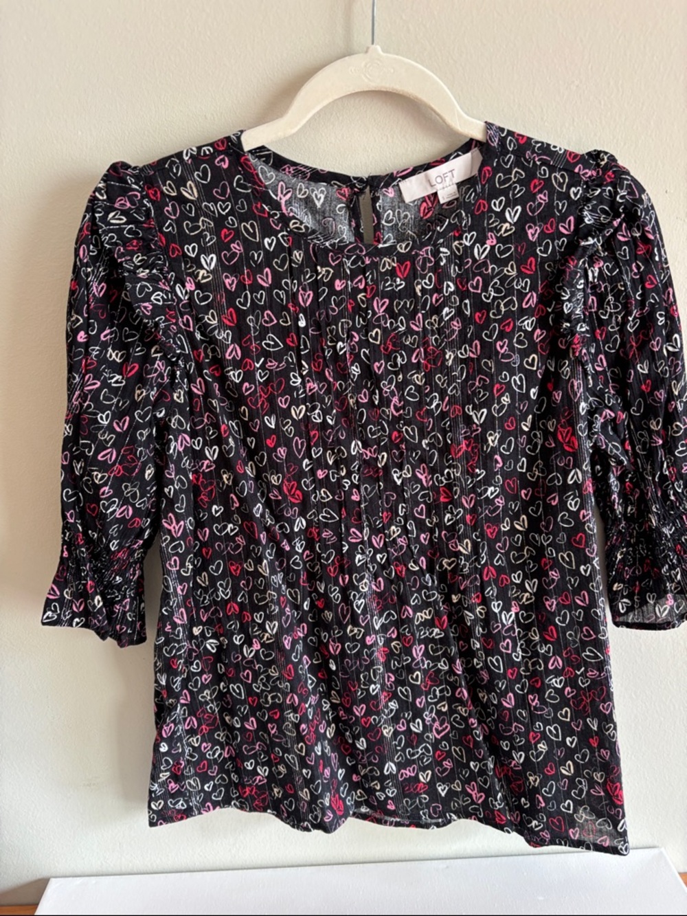 LOFT Black Heart-Print Pleated-Sleeve Blouse